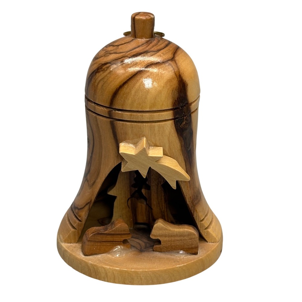 Olive Wood Nativity Bell Bethlehem Hand Carved Christmas‎ Ornament Decor